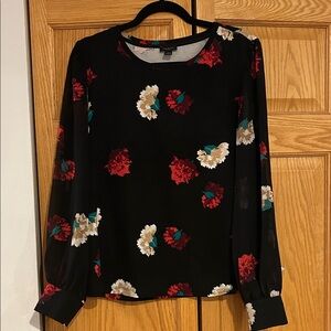 Ann Taylor Black Blouse with Red and Cream Floral Design